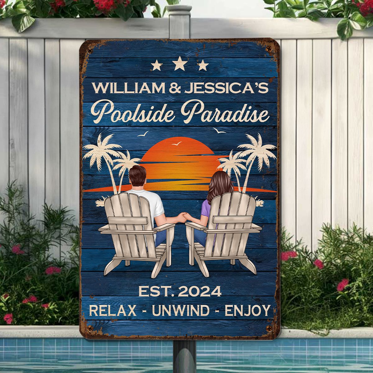 Swimming Pool Zone Decor Couple Sitting Personalized Metal Sign