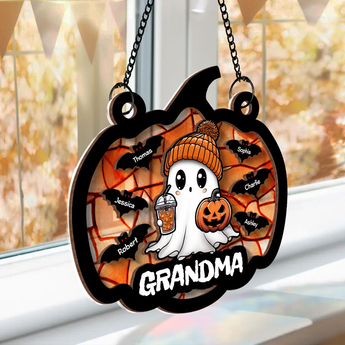 Fall Season Halloween Grandma Boo Personalized Suncatcher, Halloween Decoration