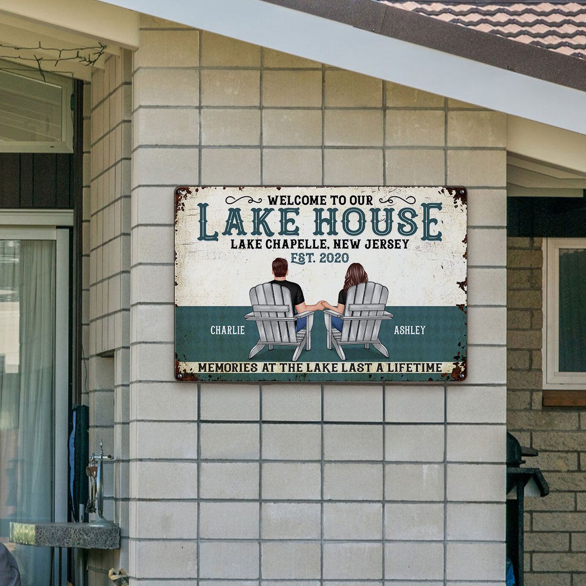 Welcome To Our Lake House Back View Couple Personalized Metal Sign