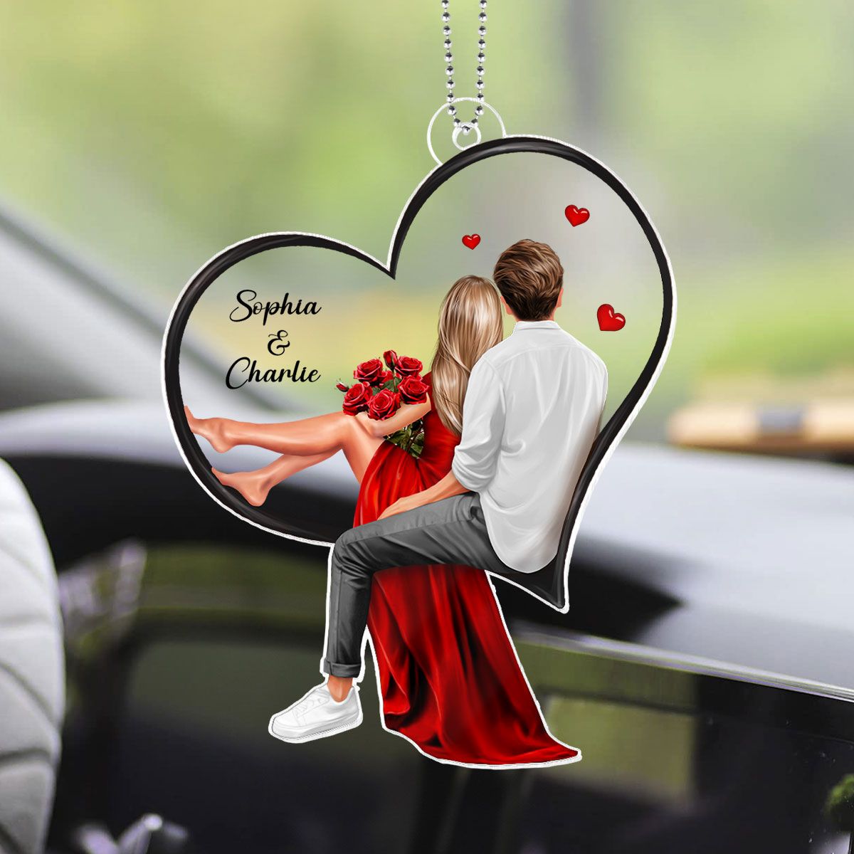 Couple Sitting On Heart Personalized Acrylic Car Hanger, Valentine's Day Gift, Anniversary Gift for Couples