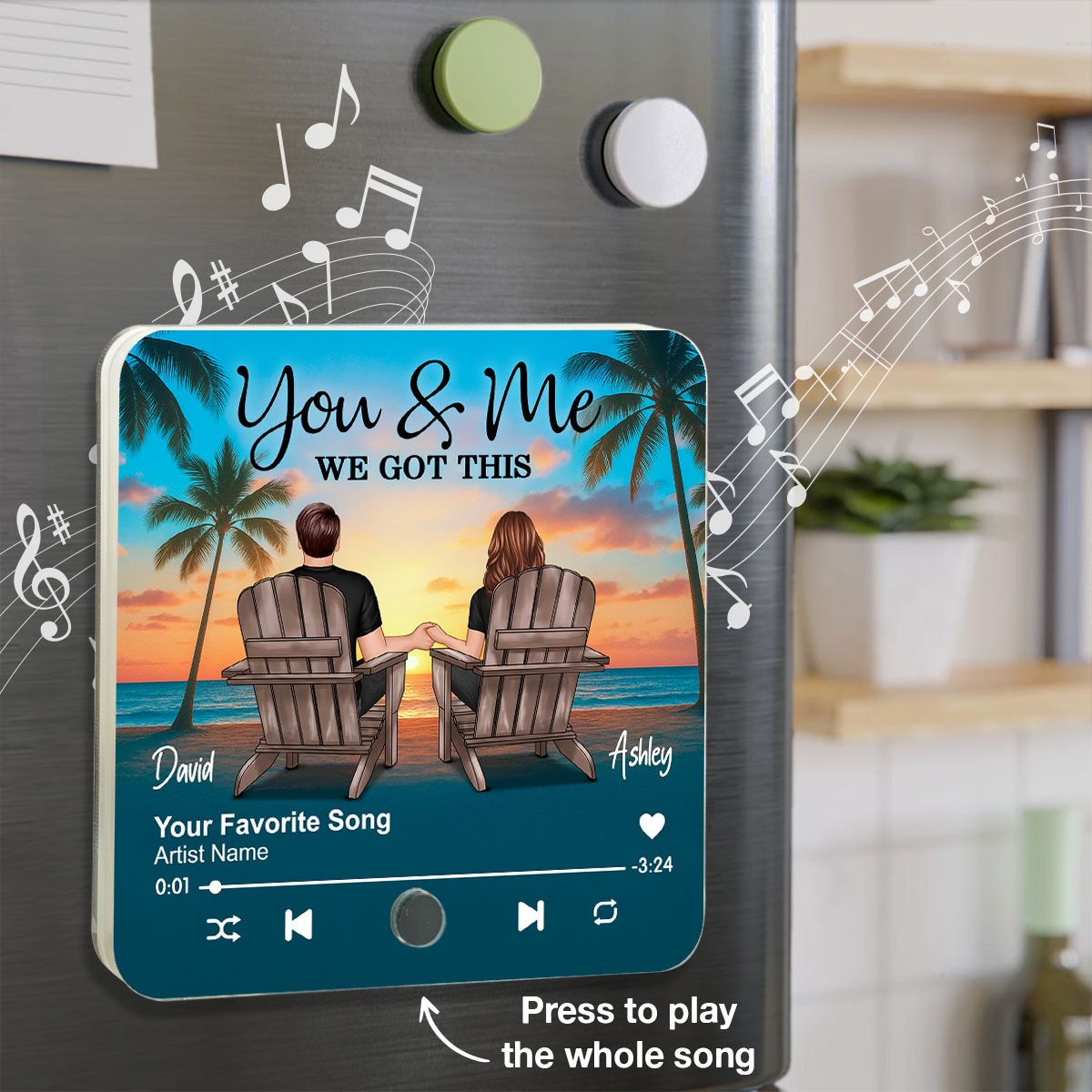 Couple Beach Sunset Under Tree Palm Personalized Music Fridge Magnet, Anniversary gift for him, for her
