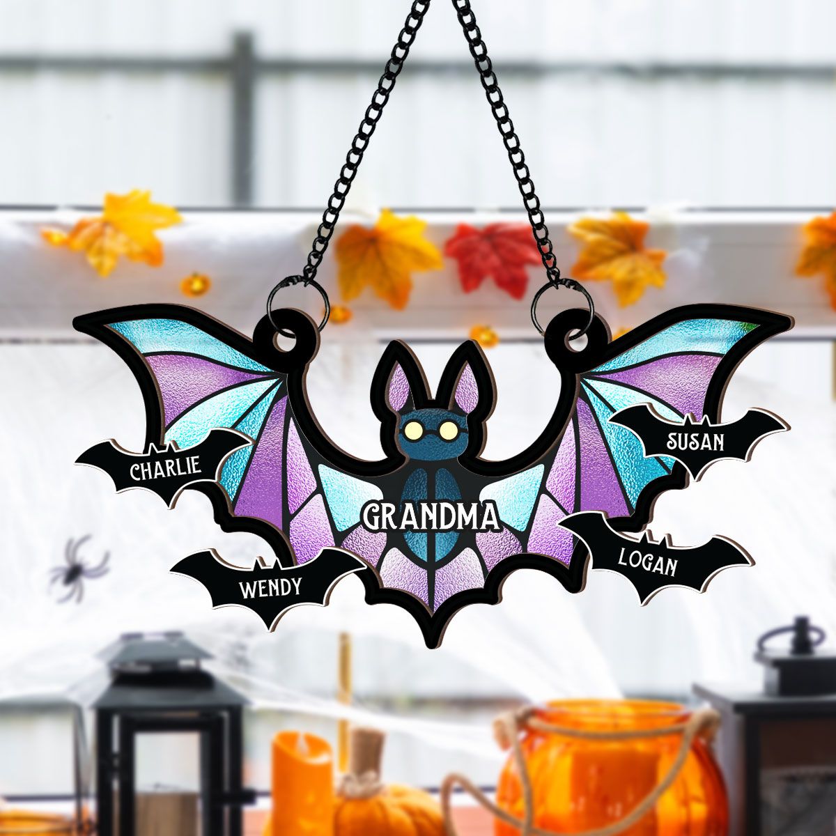 Grandma Spooky Bat Personalized Window Hanging Suncatcher Ornament, Halloween Decor