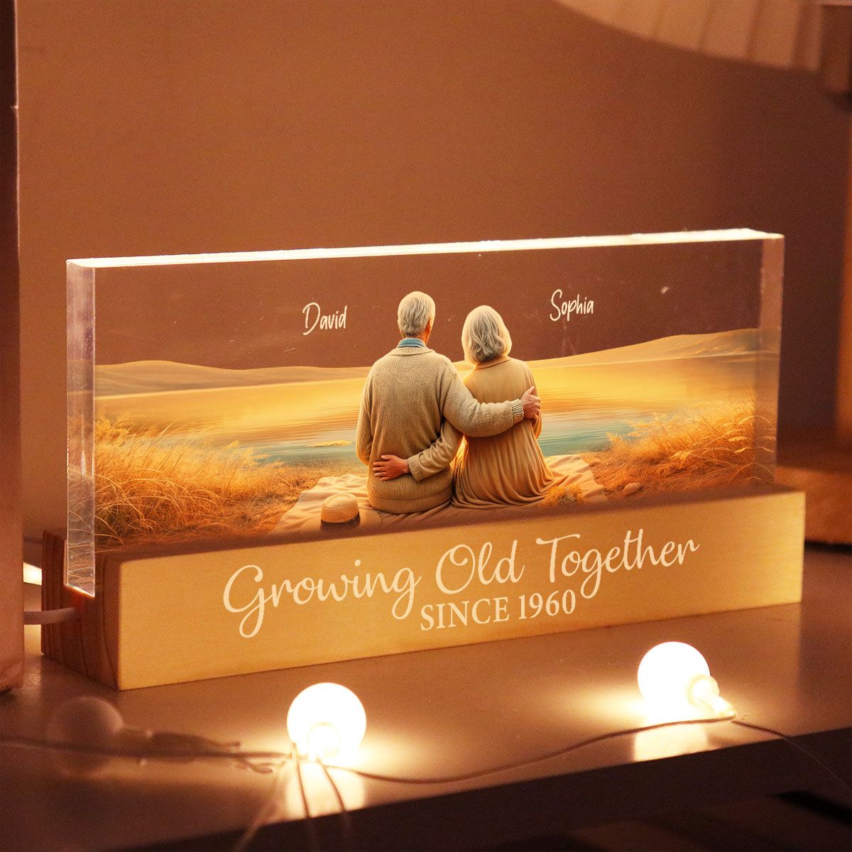 Growing Old Together Personalized Acrylic Block LED Night Light, Anniversary Birthday Gift For Husband, Wife, Old Couple, Parents