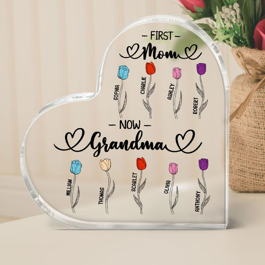 First Mom Now Grandma Tulip Flowers Personalized Heart Acrylic Block Plaque