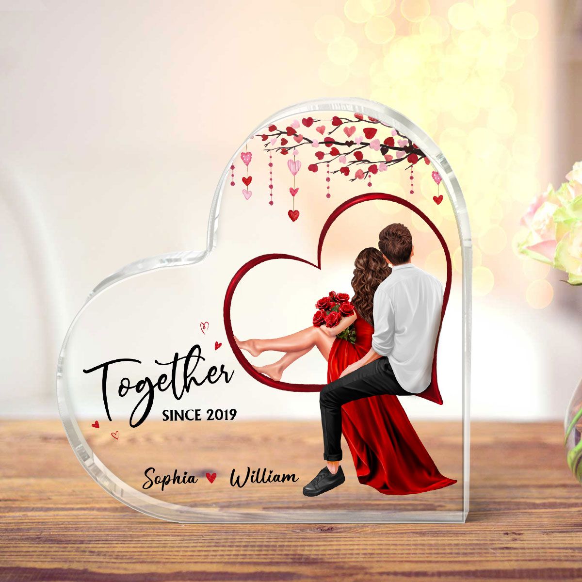 Embracing Couples Sitting On Heart Personalized Acrylic Heart Plaque, Valentine's Day Gift, Anniversary Gift for Couples