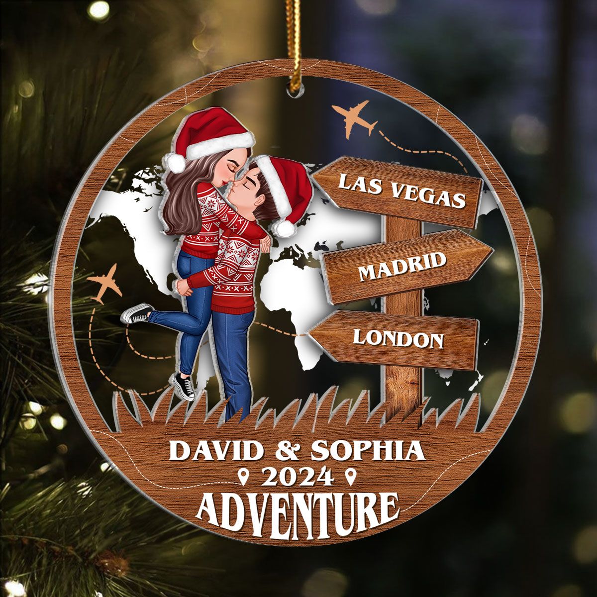 Adventure Kissing Couple Personalized Suncatcher Ornament, Christmas Gift For Couple, Gift For Travelers