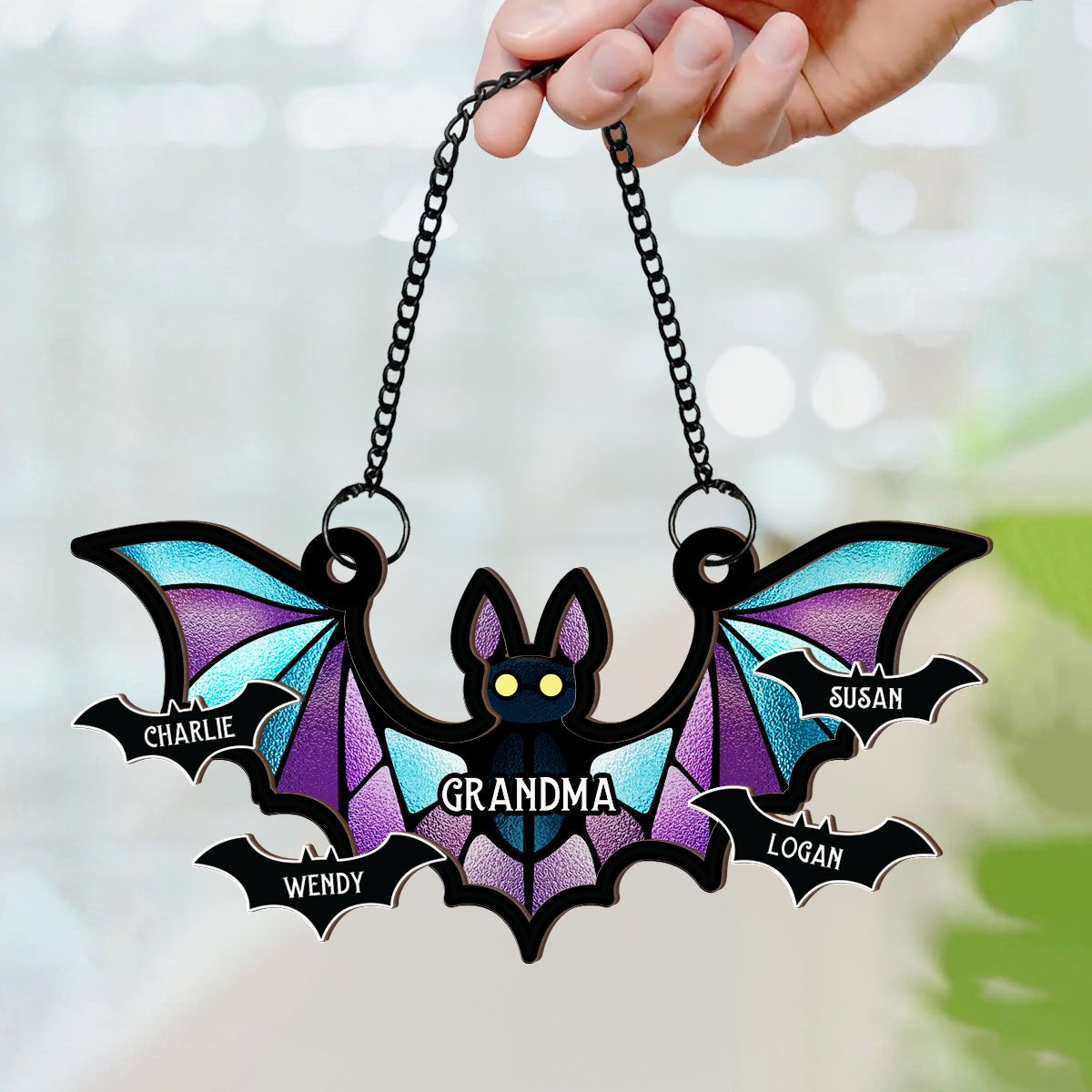 Grandma Spooky Bat Personalized Window Hanging Suncatcher Ornament, Halloween Decor