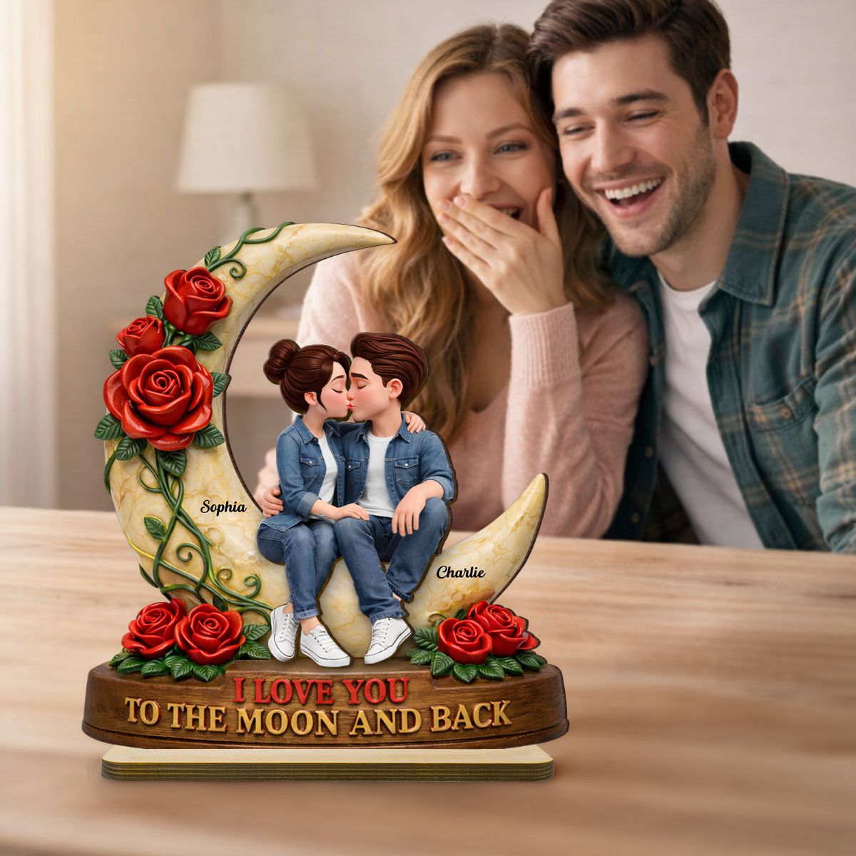 Couple Eternal Love to the Moon and Back - Personalized 2-Layered Wooden Plaque - Sentimental Valentine's Day Gift for Her, for Him