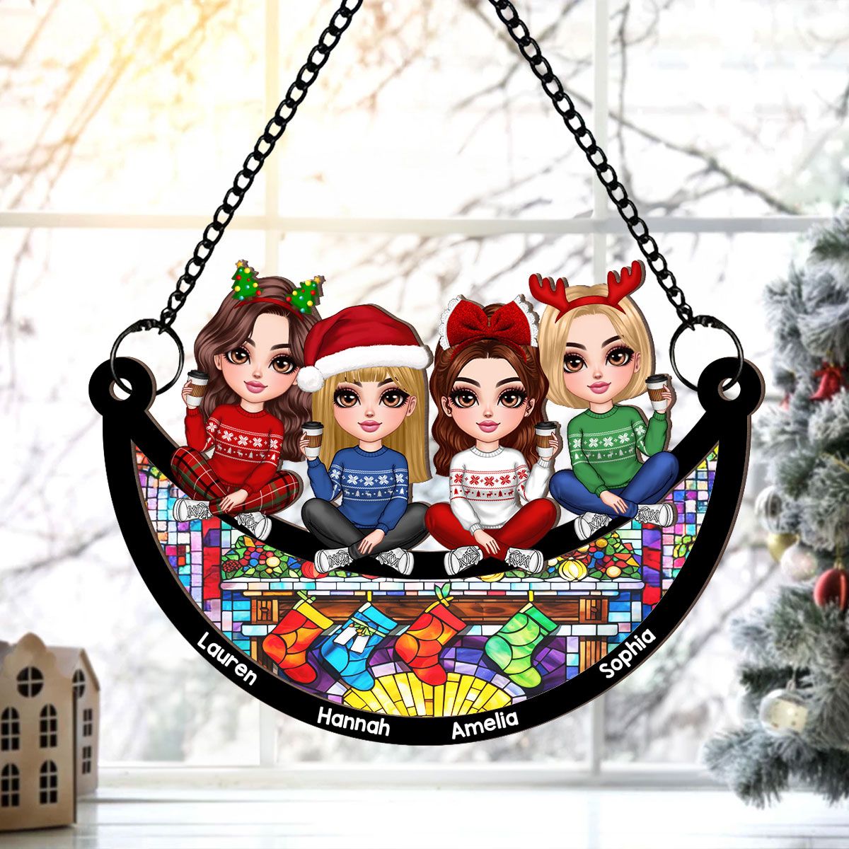 Christmas Besties Sisters Faux Stained Glass Personalized Suncatcher Ornament