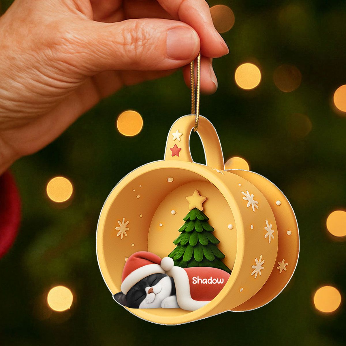 Christmas Sleeping Cats In Cozy Mug 3D Effect Personalized Acrylic Ornament