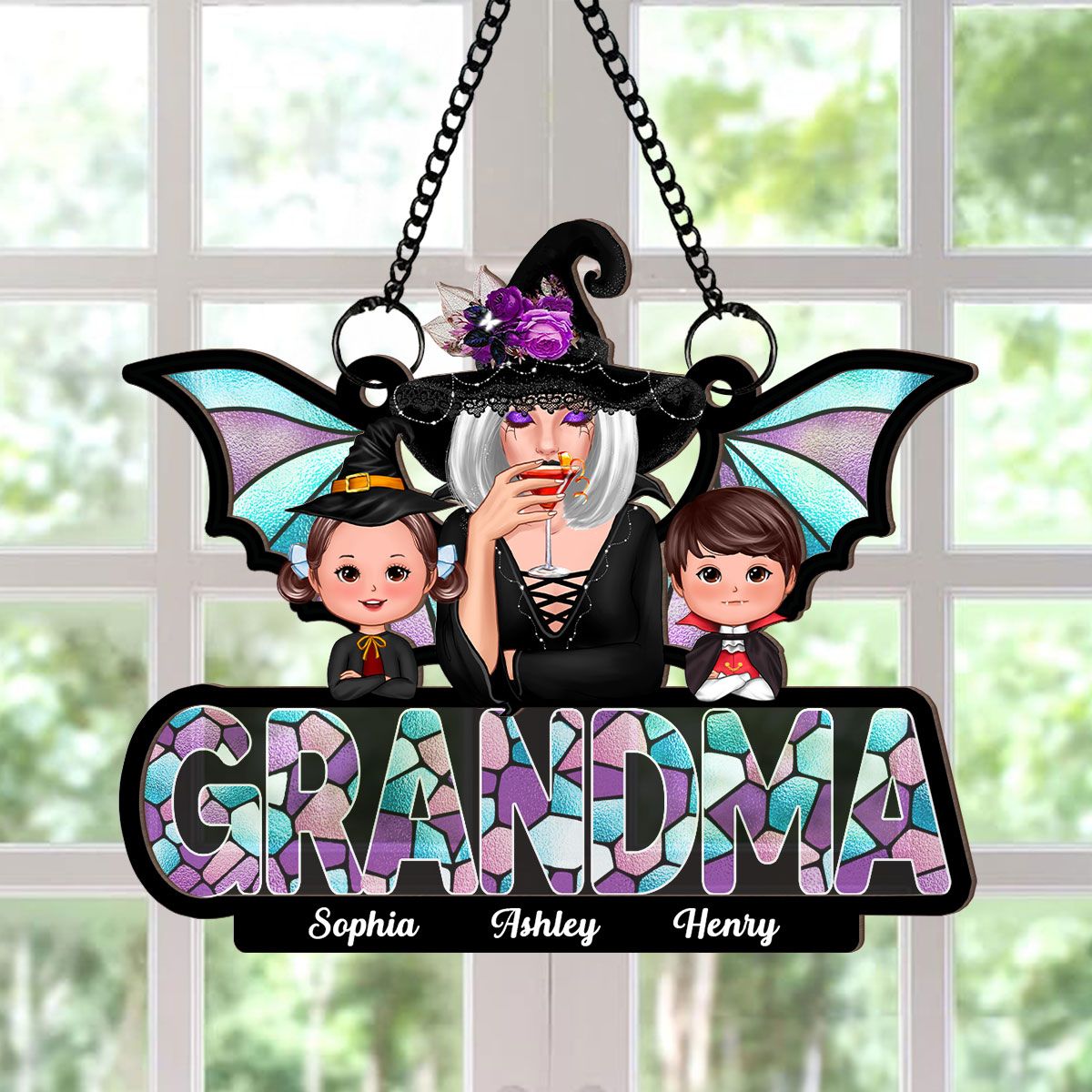 Halloween Grandma And Grandkids On Text Personalized Suncatcher