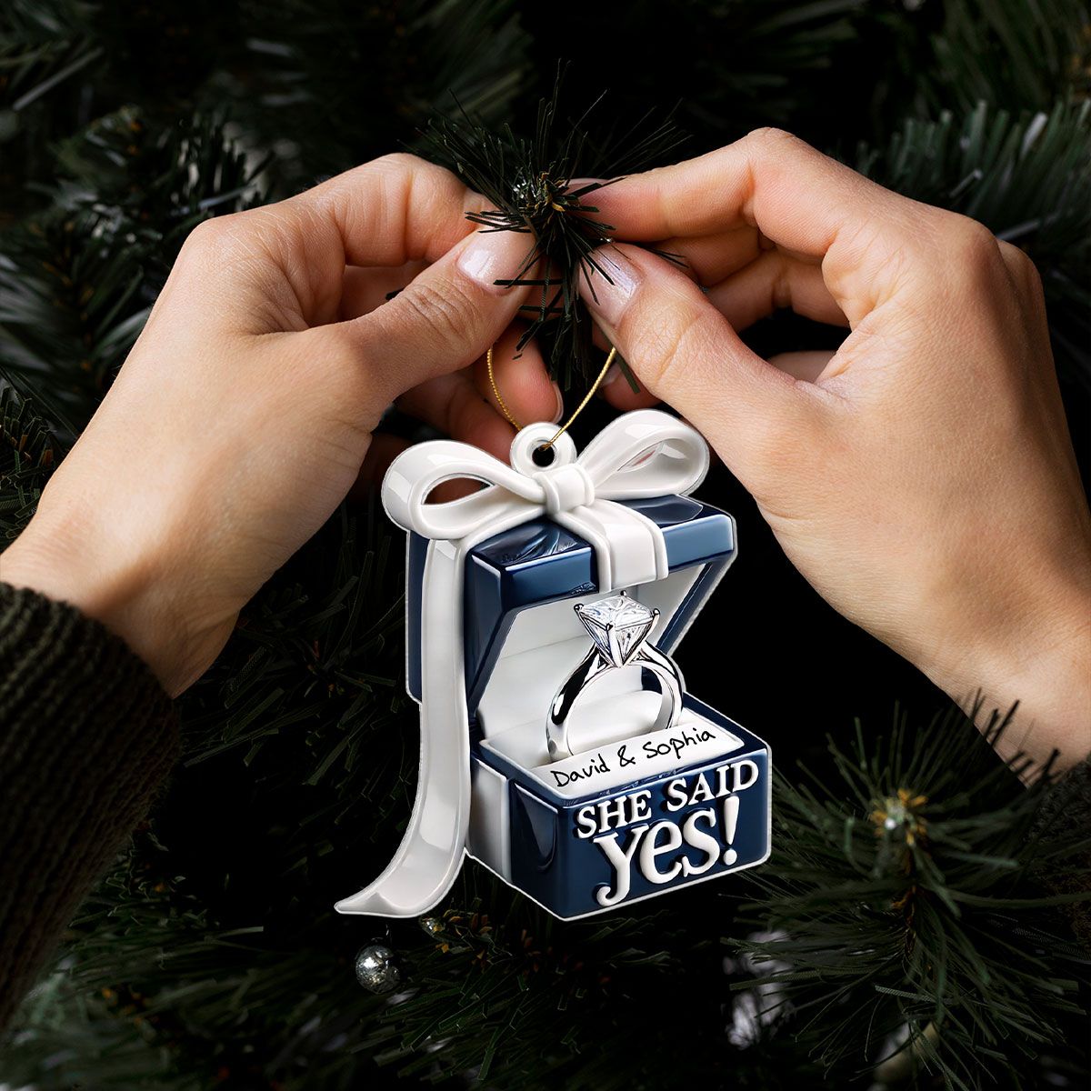 Personalized Blue Engagement Ring Box Personalized 2D Flat Acrylic Ornament, Anniversary Gift for Couple