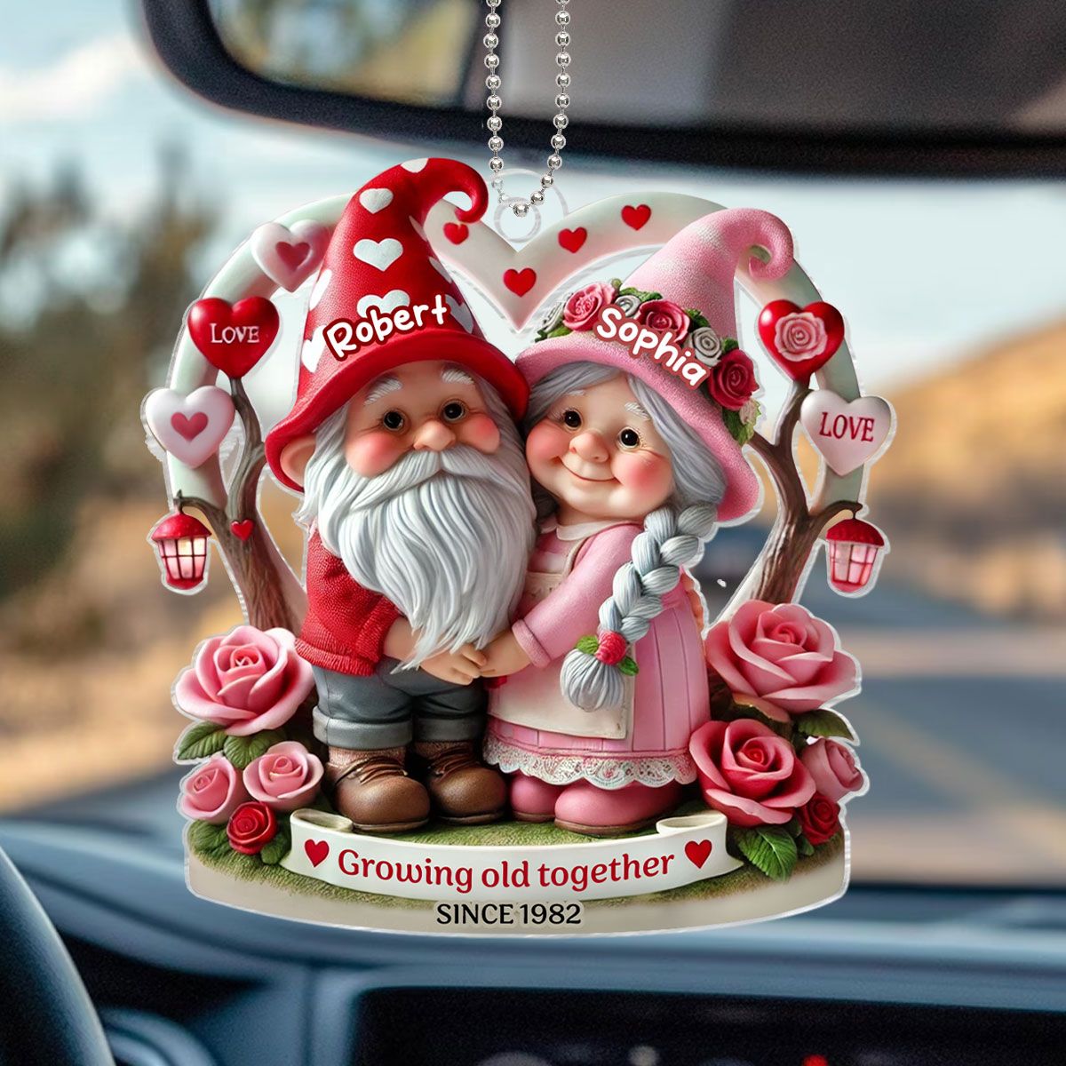 Gnome 3D Effect Old Couple Valentine's Day Gift for him, Gift for her, Personalized Acrylic Car Hanger