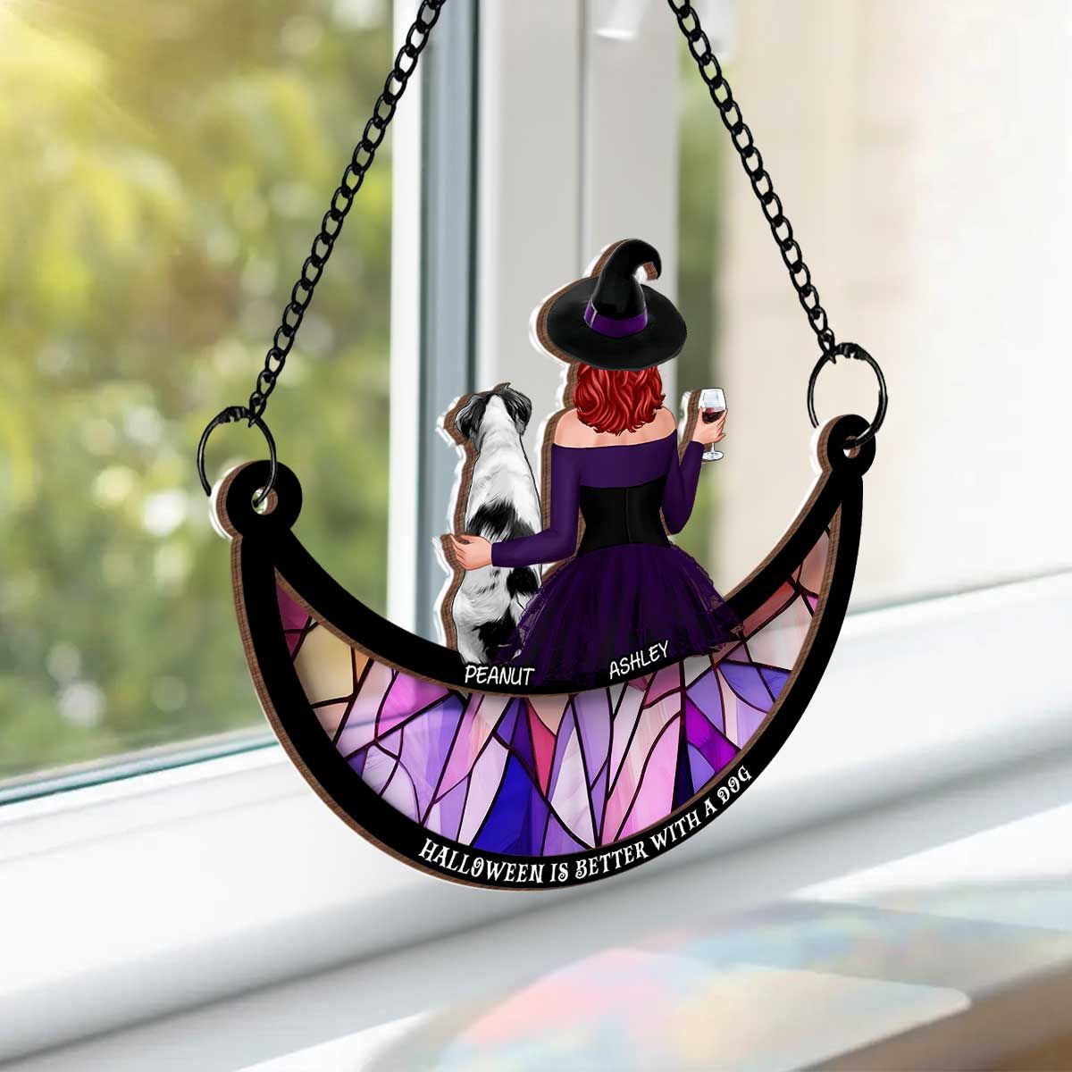 Crazy Dog Witch On Moon Personalized Window Hanger Suncatcher, Halloween Decor