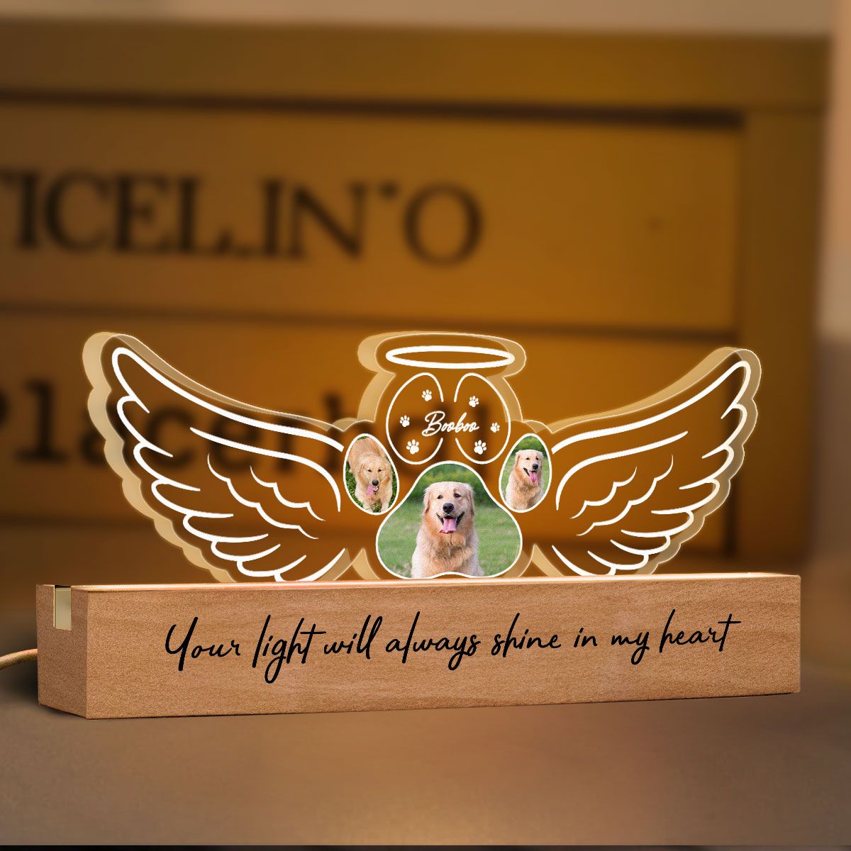 Angel Wings Pet Memorial Personalized LED Night Light, Sympathy Gift For Dog Cat Lovers