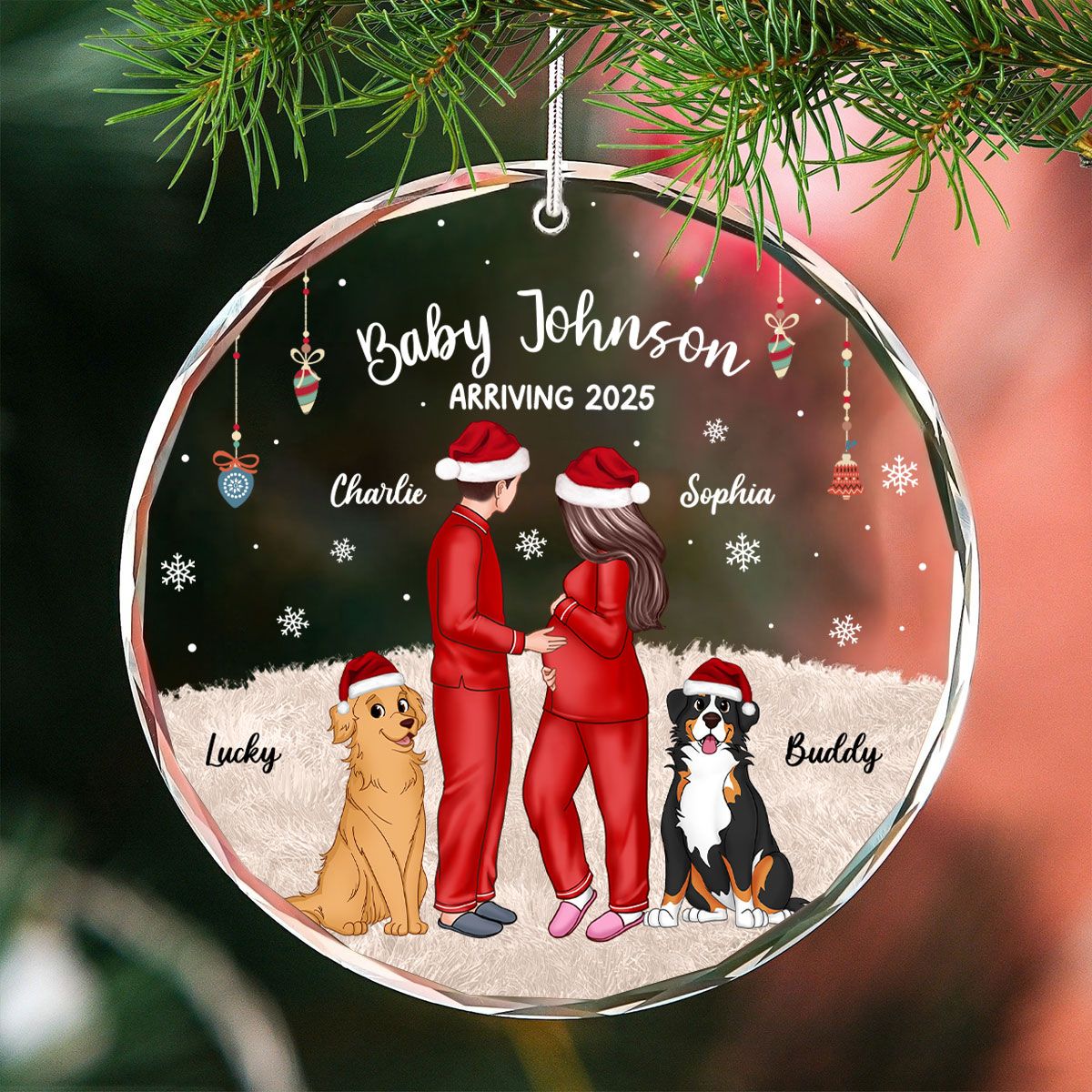 Personalized Pregnancy Ornament, Expecting Family Christmas Personalized Circle Glass Ornament, New Mom Christmas Gift