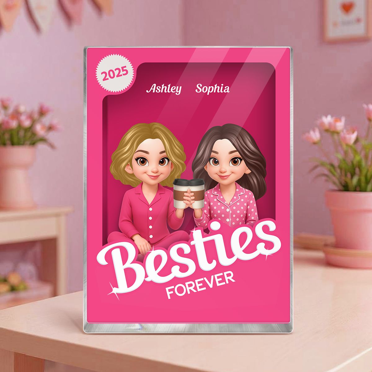 Pink Pajamas Besties 3D Effect Action Figure Personalized Acrylic Block