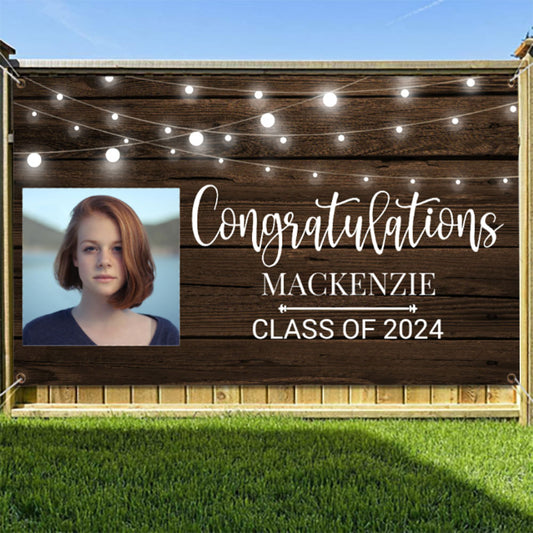 2022 Rustic String Lights Barn Wood Graduation Photo Banner