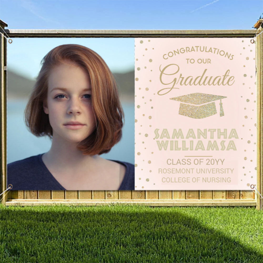 2022 Congrats 1 Photo Pink and Gold Glitter Graduation Banner