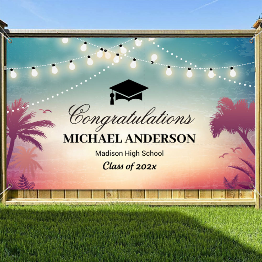 2022 Graduation Party String Lights Summer Palm Trees Banner