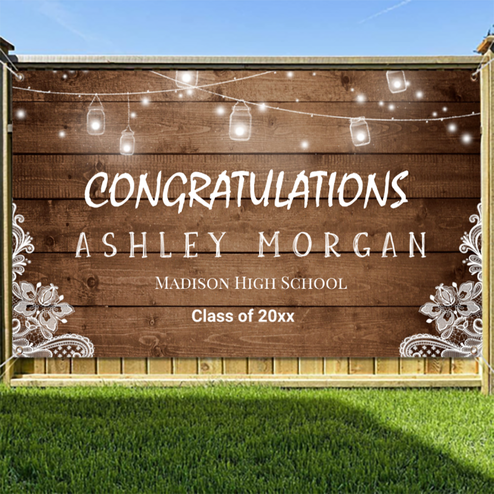 2022 Rustic Wood String Lights Lace Graduation Party Banner