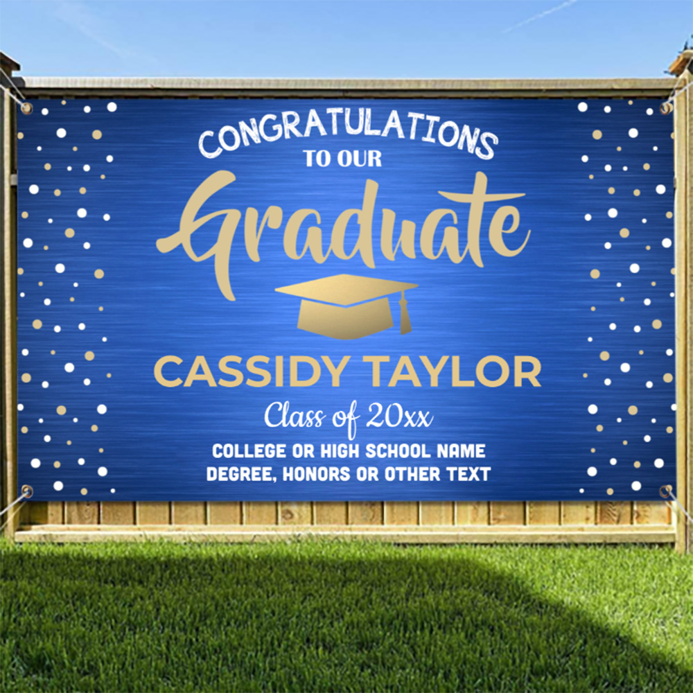 3 Colors Graduation Confetti Brushed Blue Gold and White Banner 2022