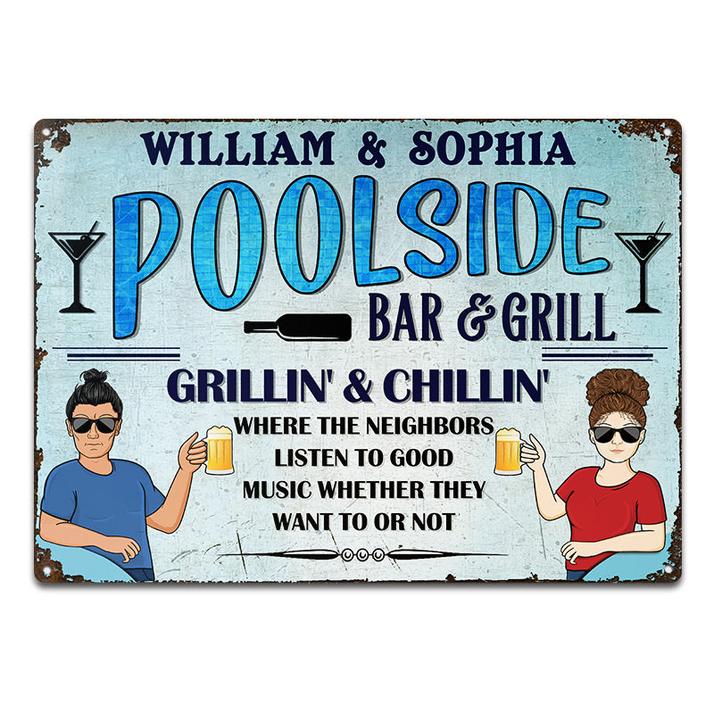 Poolside Grilling And Chilling - Swimming Pool Decor - Personalized Custom Classic Metal Signs