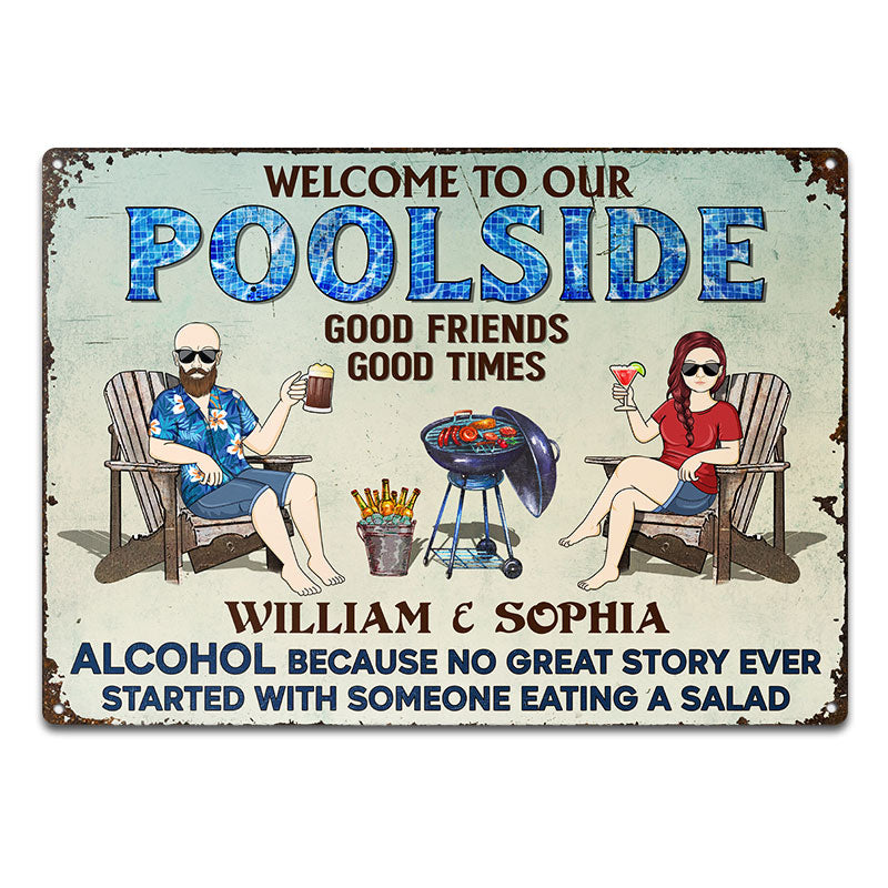 No Great Story Ever Started With Someone Eating A Salad Couple Husband Wife Grilling - Backyard Sign - Personalized Custom Classic Metal Signs