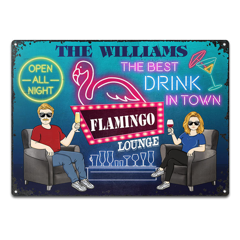 Neon Best Drinks Flamingo Lounge - カップルギフト - パーソナライズされたカスタムクラシックメタルサイン