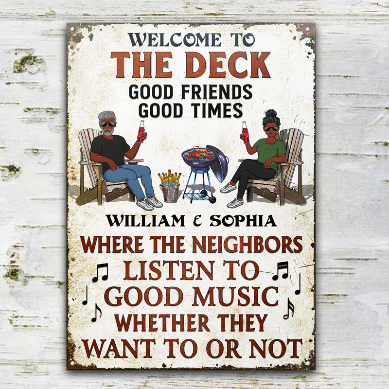 Patio Grilling Listen To The Good Music Couple Husband Wife Vertical - Backyard Sign - Personalized Custom Classic Metal Signs