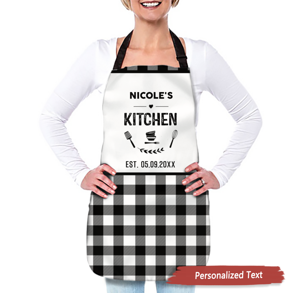 Custom Text, Black and White Buffalo Plaid Kitchen Apron