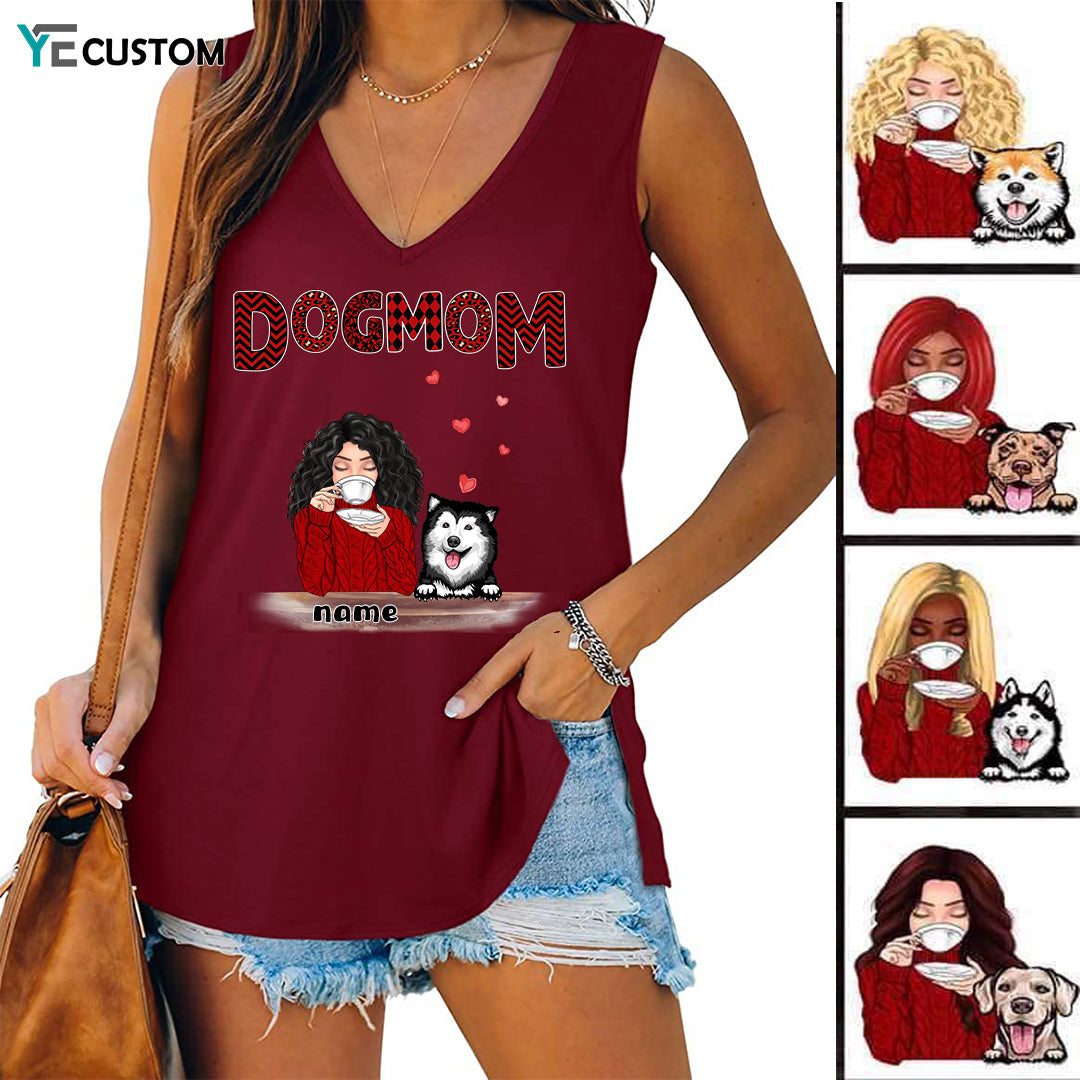 Dog Mom Red Patterned Personalized Women Tank Top V Neck Casual Flowy Sleeveless