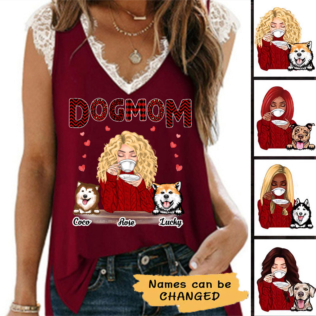 Dog Mom Red Patterned Personalized Women Tank Top V Neck Lace