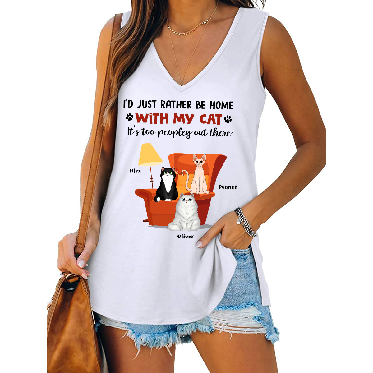 Stay Home With Fluffy Cat Personalized Tank Tops V Neck Casual Flowy Sleeveless