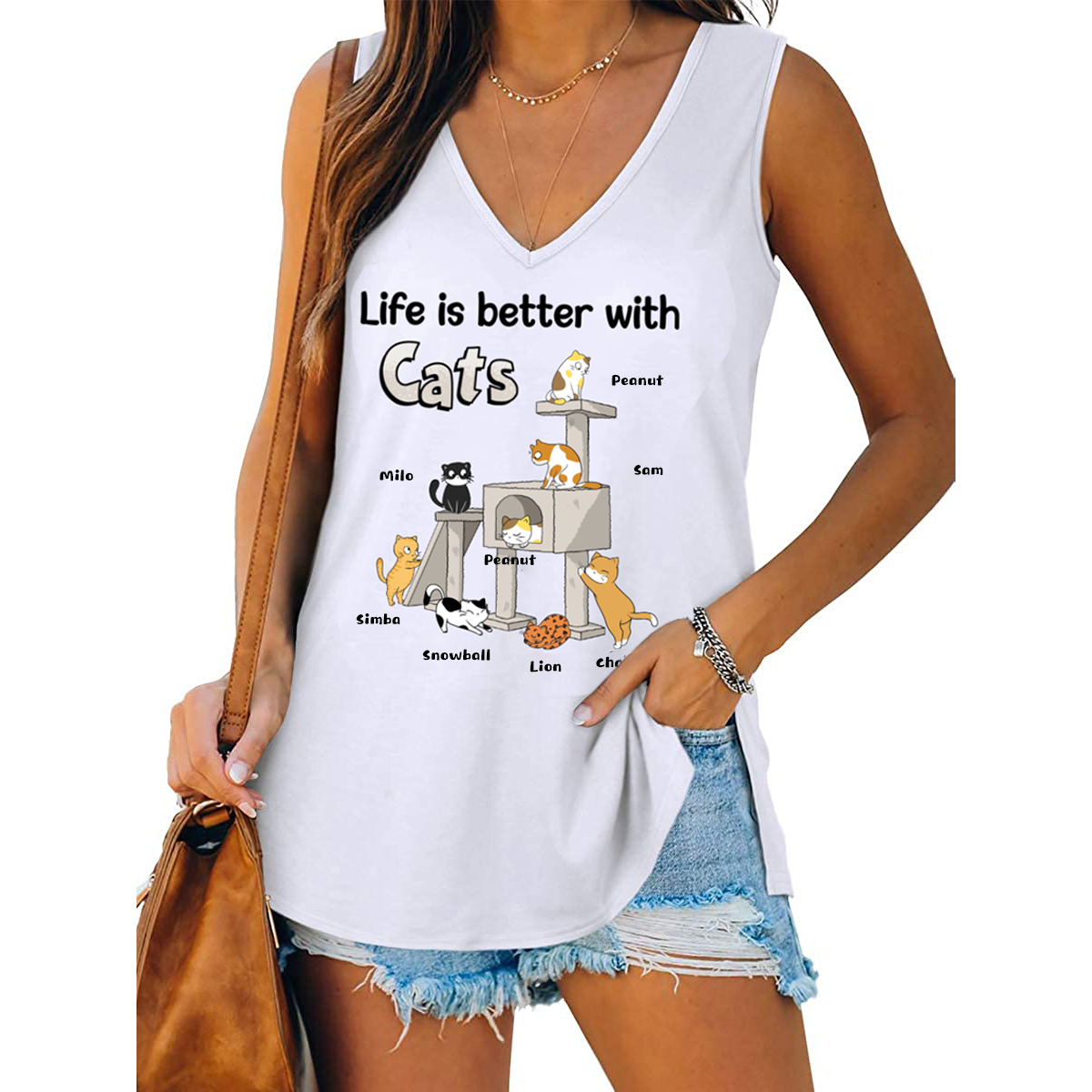 Cat Tower Life Is Better With Cat Personalized Women Tank Top V Neck Casual Flowy Sleeveless