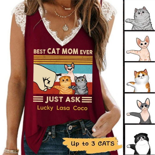 Best Cat Dad/Mom Fluffy Cat Personalized Women Tank Top V Neck Lace