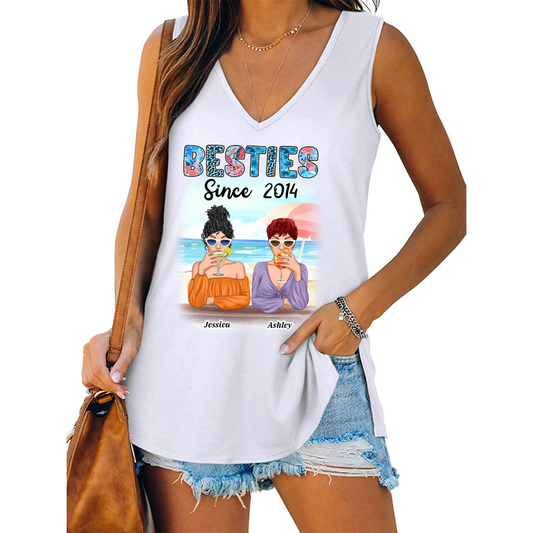 Besties Since Summer Patterned Personalized Women Tank Top V Neck Casual Flowy Sleeveless