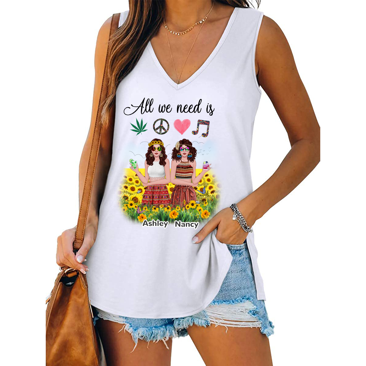 All We Need Is Hippie Besties Personalized Women Tank Top V Neck Casual Flowy Sleeveless