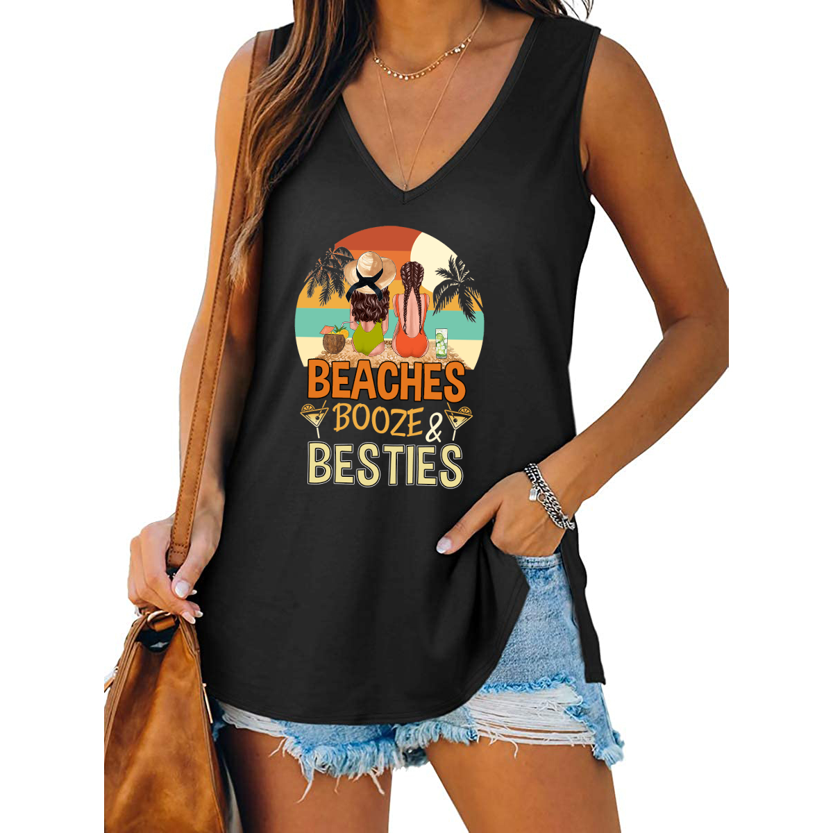 Beaches Booze And Besties Personalized Women Tank Top V Neck Casual Flowy Sleeveless