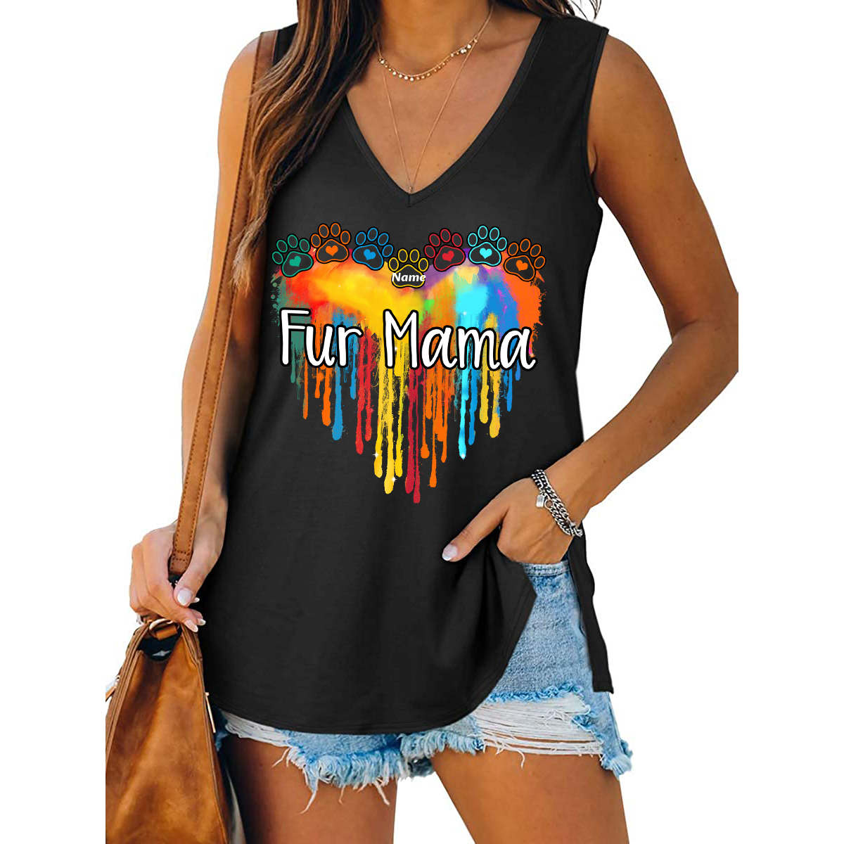 Dog Cat Mom Fur Mama Colorful Melting Heart Personalized Women Tank Top V Neck Casual Flowy Sleeveless