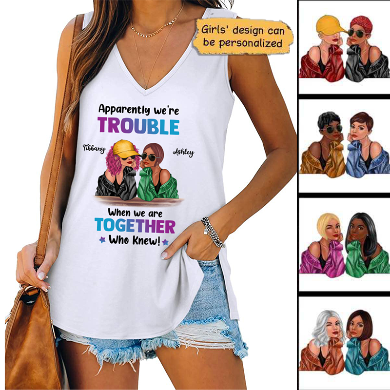 Trouble Together Fashion Besties Personalized Women Tank Top V Neck Casual Flowy Sleeveless