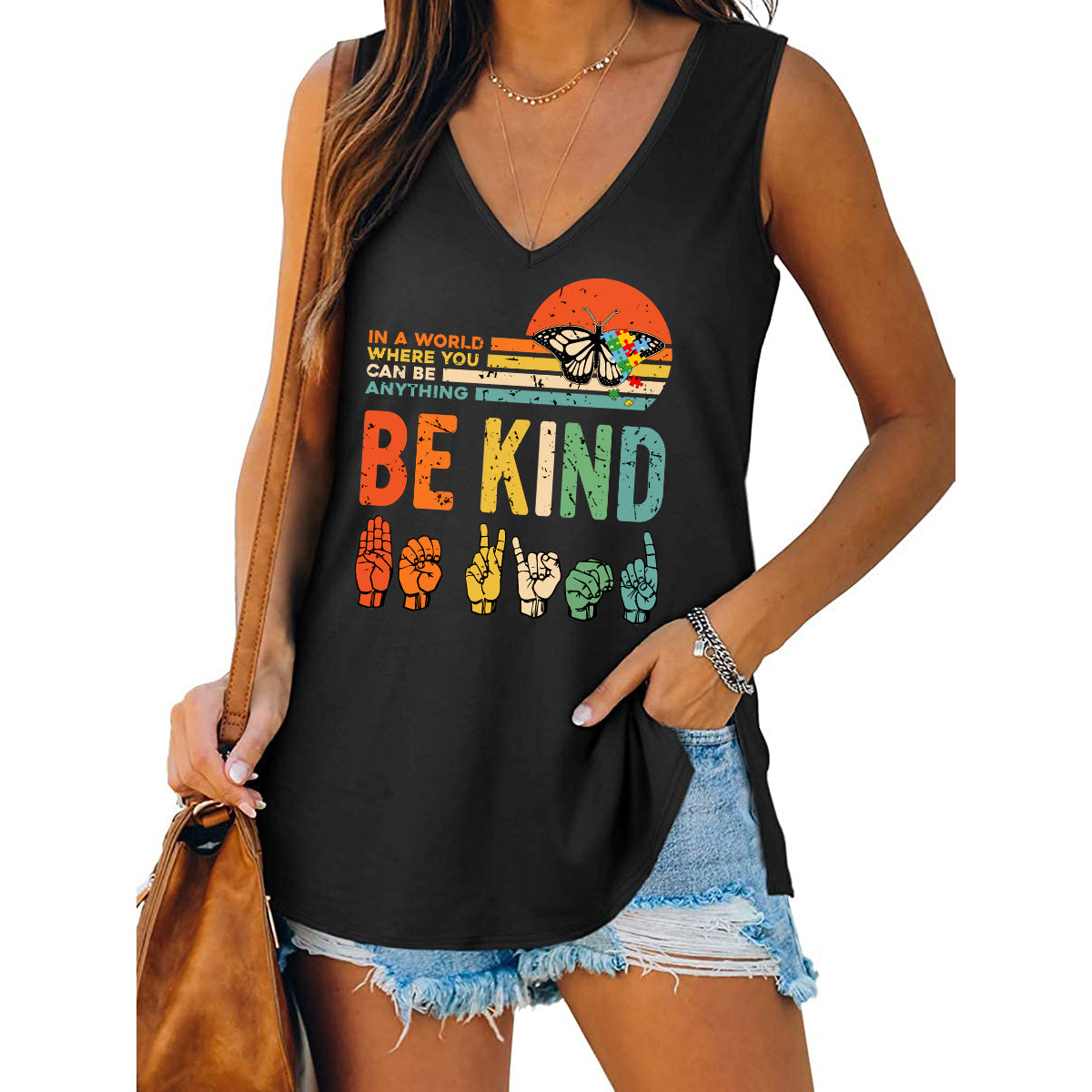 Womens Be Kind Tank Top V Neck Casual Flowy Sleeveless