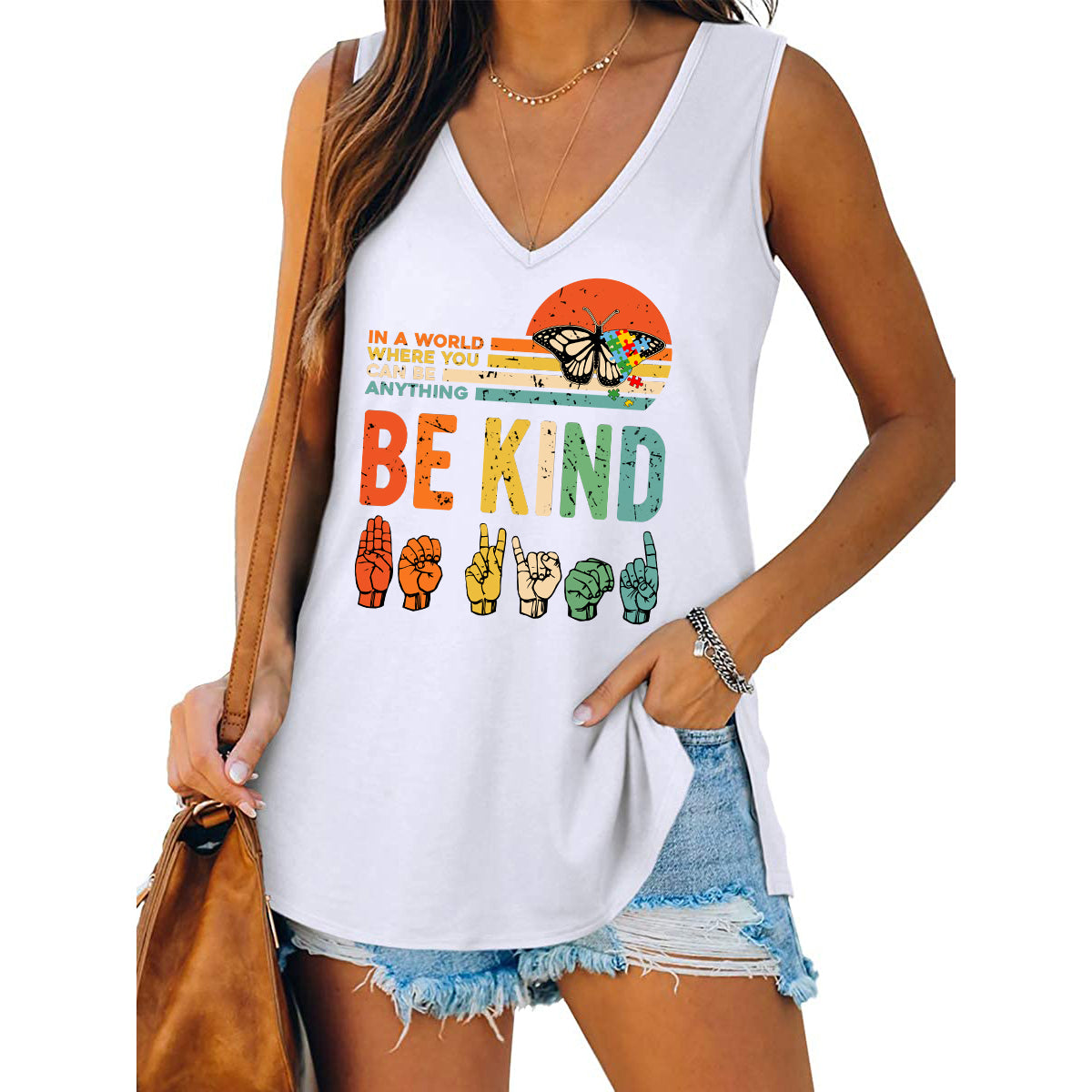 Womens Be Kind Tank Top V Neck Casual Flowy Sleeveless