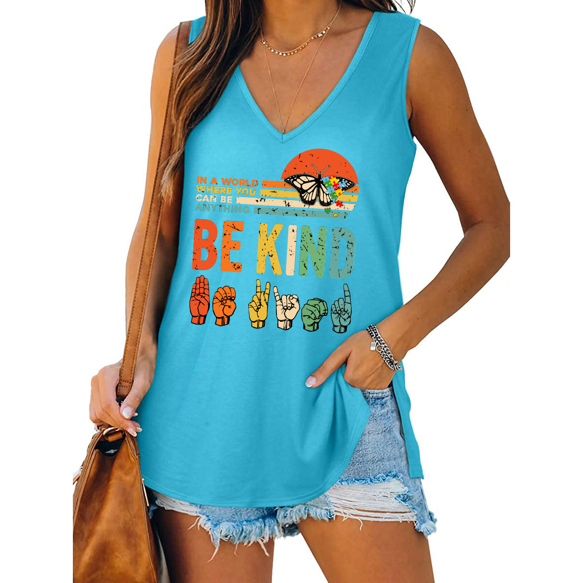 Womens Be Kind Tank Top V Neck Casual Flowy Sleeveless