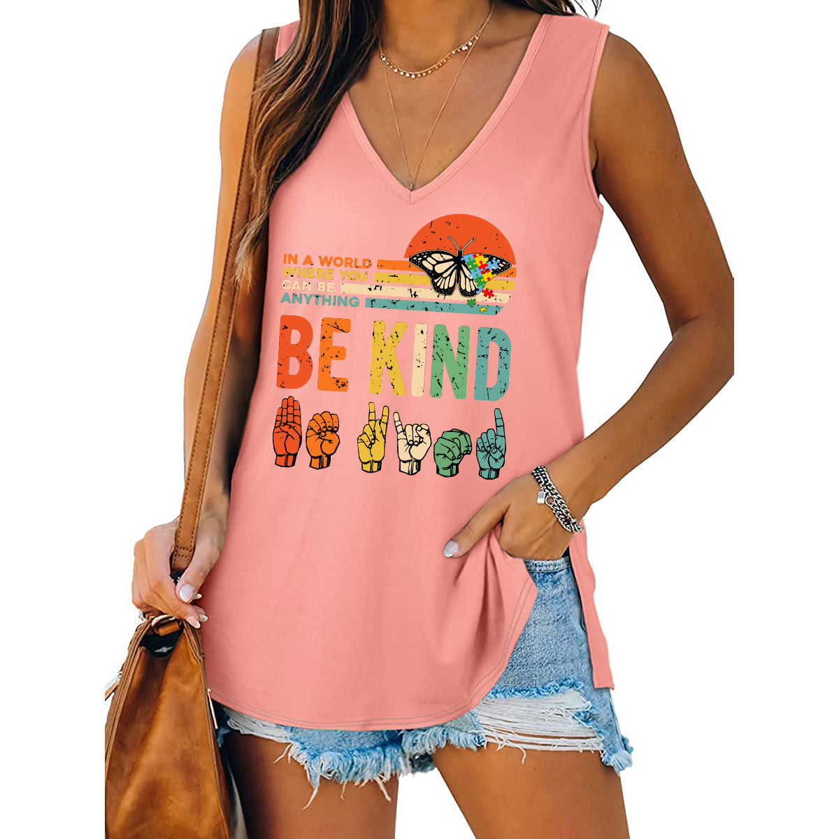 Womens Be Kind Tank Top V Neck Casual Flowy Sleeveless