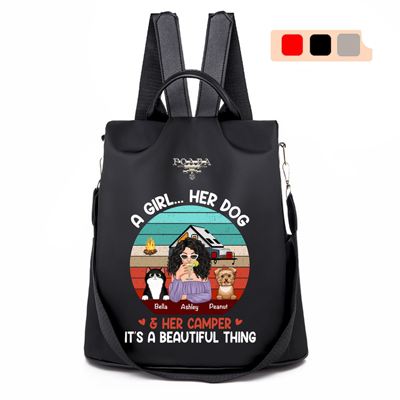 Camping Girl And Fur Babies Retro Personalized Backpack