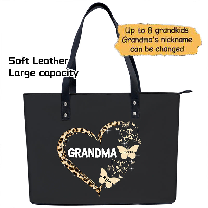 Leopard Mom Grandma Heart Personalized Soft Leather Shoulder Bag