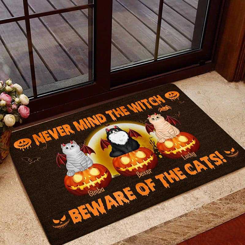 Beware Of The Halloween Fluffy Cats Personalized Doormat