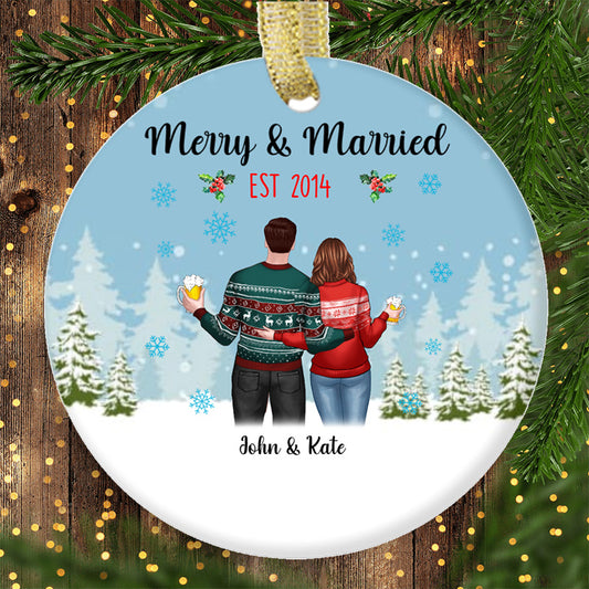 Merry And Married Couple Standing Christmas Personalized Ornaments