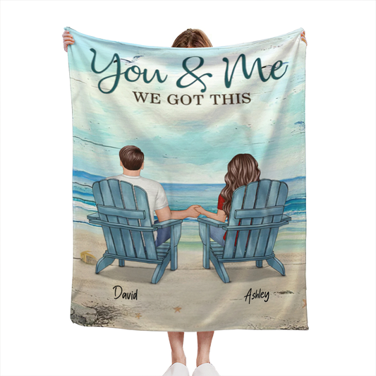 Back View Couple Sitting Beach Landscape Personalized Fleece Blanket